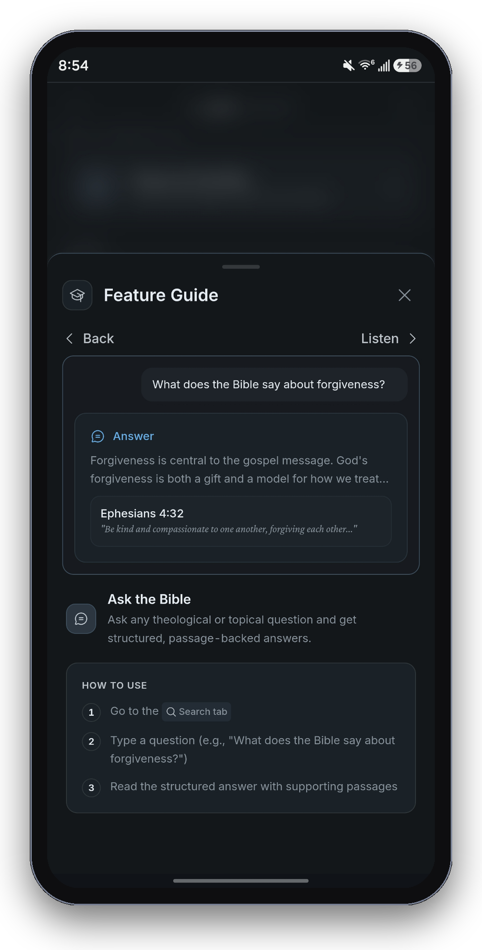GRAICE Ask the Bible answer card showing a response with a scripture citation