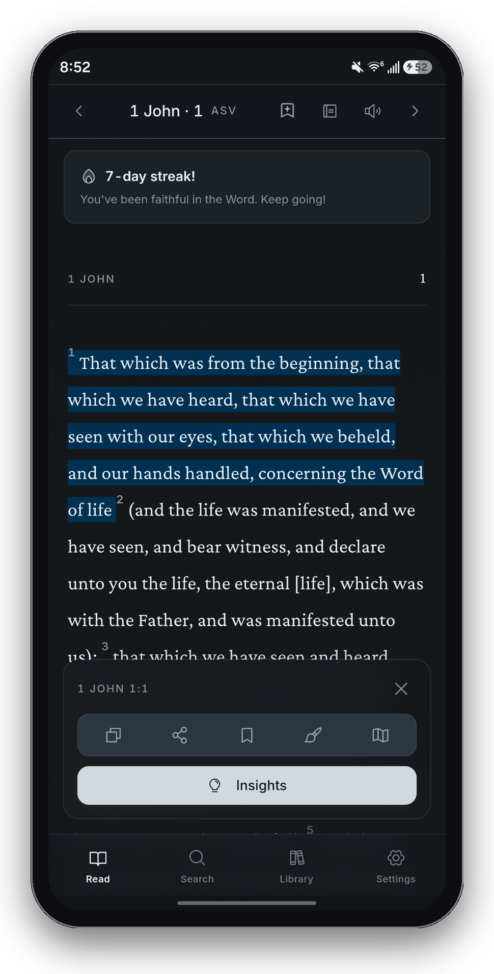 GRAICE reader showing 1 John 1 with a reading streak and verse insights tray