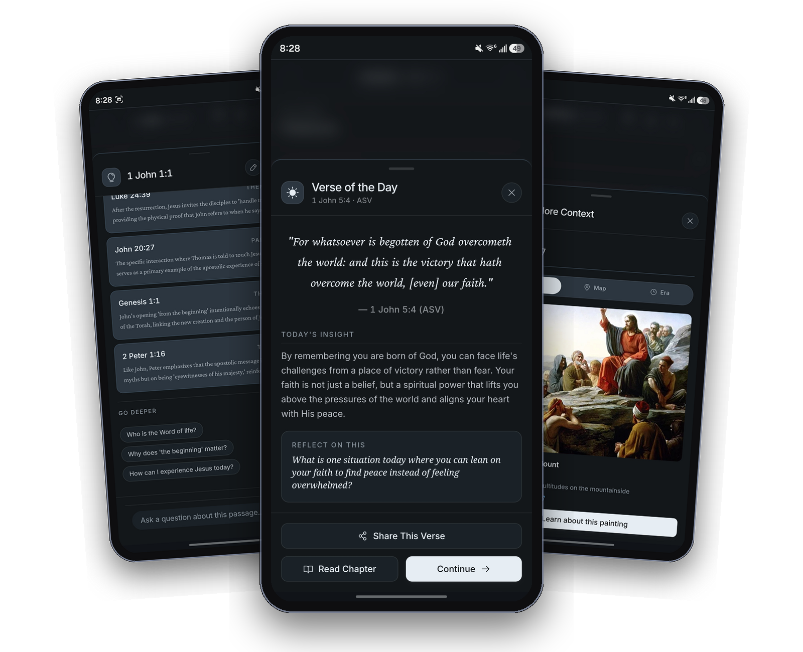 GRAICE app — three iPhone screens showing Verse of the Day, Explore Context with classical art, and AI cross-references