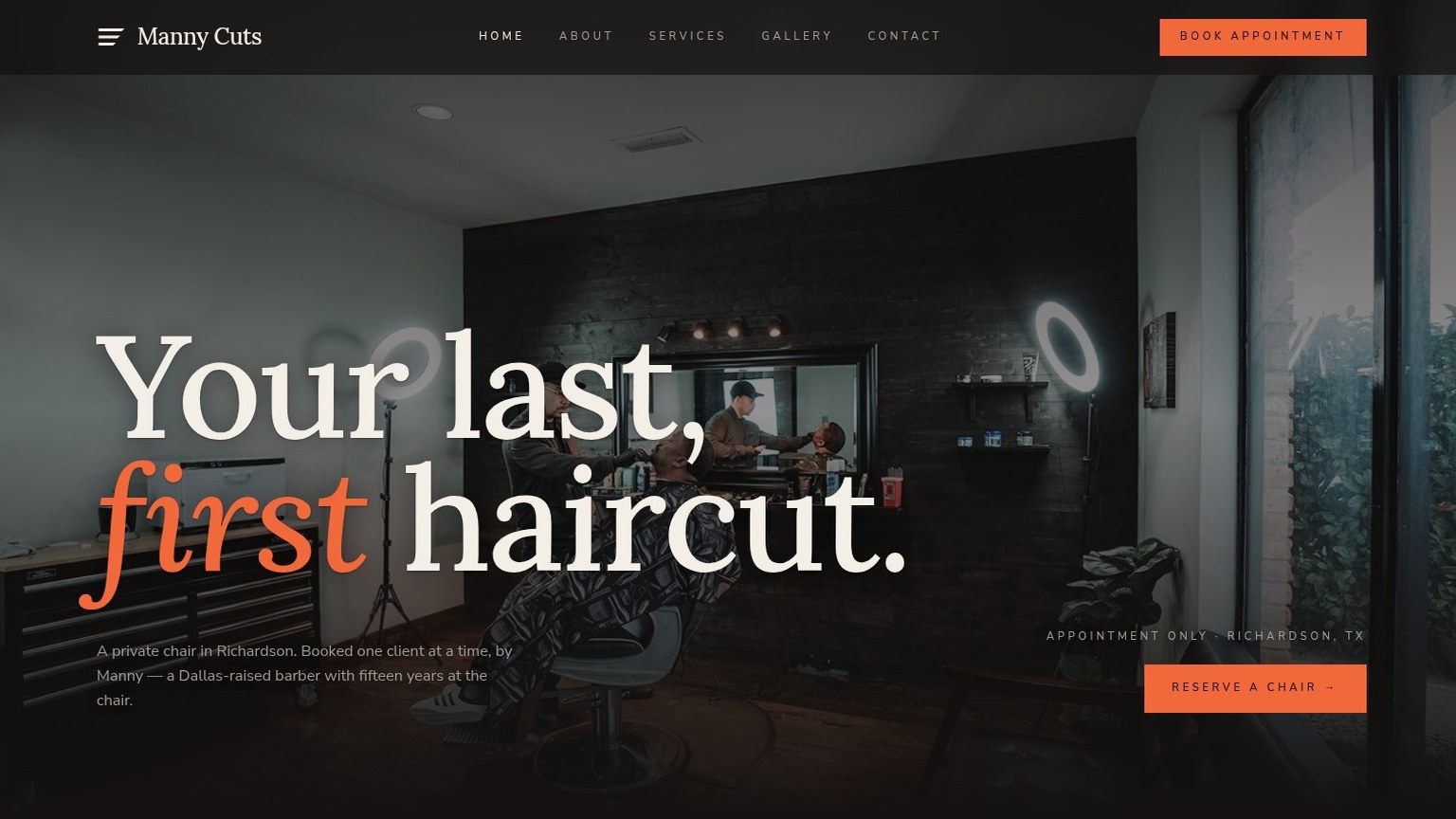 Manny Cuts website on desktop — booking-first private barbering experience